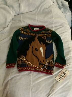 NWT Vintage Girls Heartworks Small (4) Green Horse Sweater USA Made Furry Mane